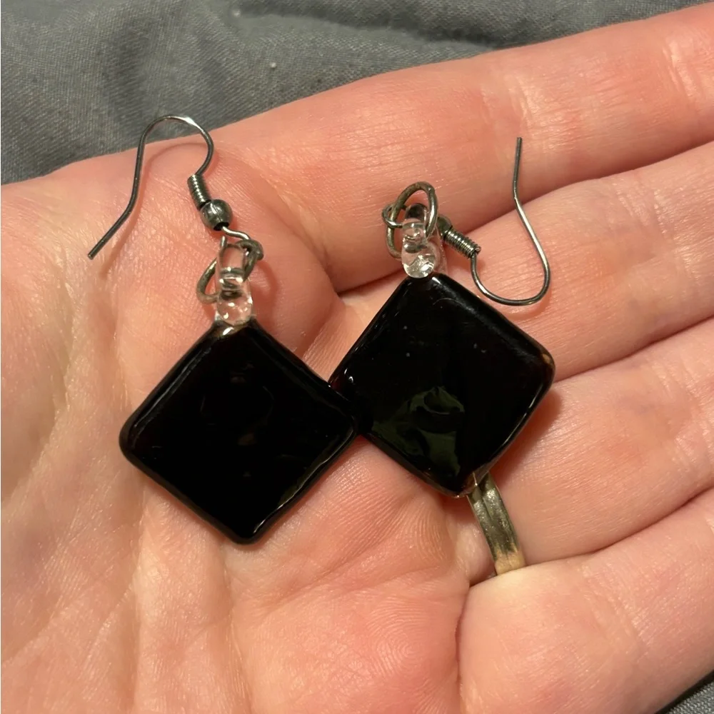 GLASS Floral Yellow Red and Black Silver Hardware Earrings - Picture 3 of 3